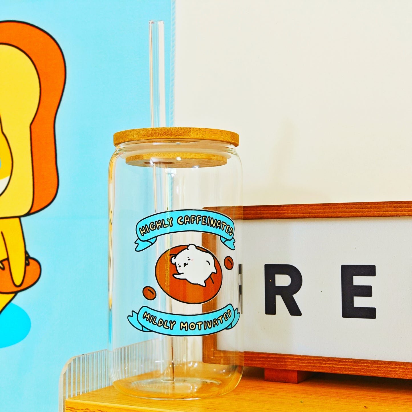 Highly Caffeinated Mildly Motivated Glass Tumbler w/ Lid & Straw