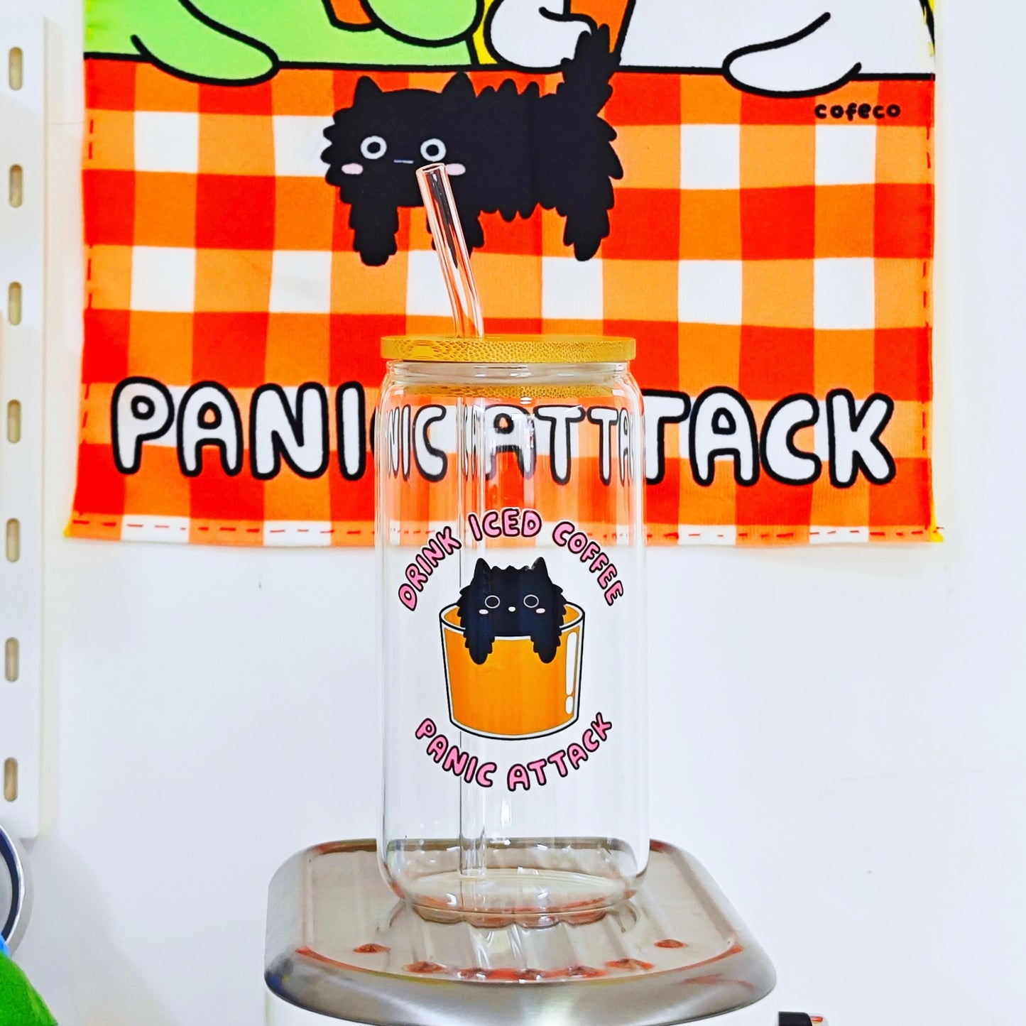 Drink Iced Coffee, Panic Attack Glass Tumbler w/ Straw & Lid