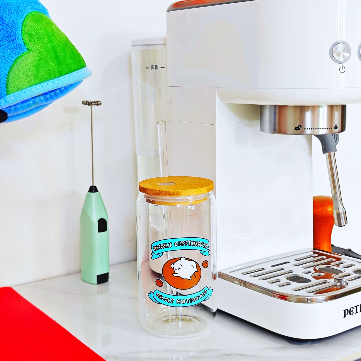 Highly Caffeinated Mildly Motivated Glass Tumbler w/ Lid & Straw